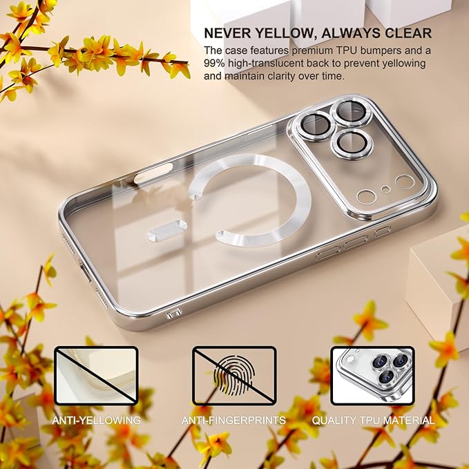 Misea Magnetic for iPhone 17 Pro Case Compatible with MagSafe [Never Yellowing] [Military Grade Drop Protection] Full Camera Lens Protector Plating Soft Clear Phone Case for Women, Silver