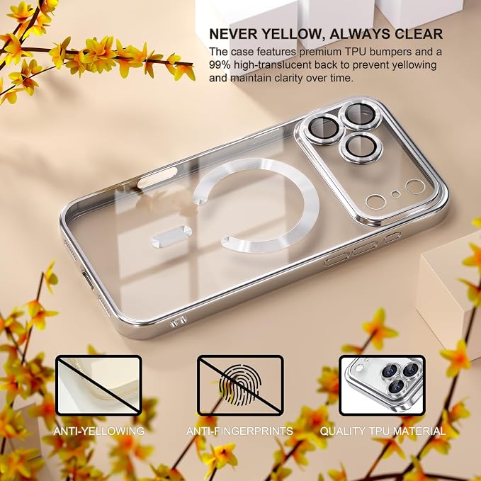 Misea Magnetic for iPhone 17 Pro Max Case Compatible with MagSafe [Never Yellowing] [Military Grade Drop Protection] Full Camera Lens Protector Plating Soft Clear Phone Case for Women, Silver