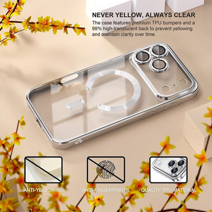 Misea Magnetic for iPhone 17 Pro Max Case Compatible with MagSafe [Never Yellowing] [Military Grade Drop Protection] Full Camera Lens Protector Plating Soft Clear Phone Case for Women, Silver
