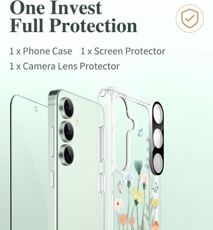 GVIEWIN for Samsung Galaxy S25 Plus Case, Clear Floral Slim Shockproof Protective Women Phone Case, Non-Yellowing, with Screen Protector & Camera Lens Protector for S25 Plus 6.7", Bloomtrail/Colorful