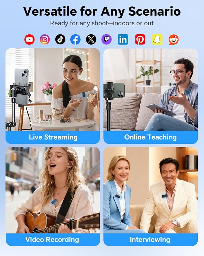 Wireless Lavalier Microphone for iPhone/Android Phone/Laptop/PC, Mini Lapel Mic with 50H Battery Life Charging Case, 100FT Range and Noise Reduction, for Video Recording, Streaming, TikTok