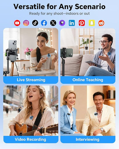 Wireless Lavalier Microphone for iPhone/Android Phone/Laptop/PC, Mini Lapel Mic with 50H Battery Life Charging Case, 100FT Range and Noise Reduction, for Video Recording, Streaming, TikTok