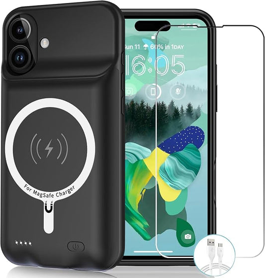 Wireless Charging Case for iPhone 16 Plus, 12000mAh High Capacity Portable Rechargeable Battery Case Qi Wireless Charging Compatible with iPhone 16 Plus (6.7 inch) Extended Battery Charger Case-Black