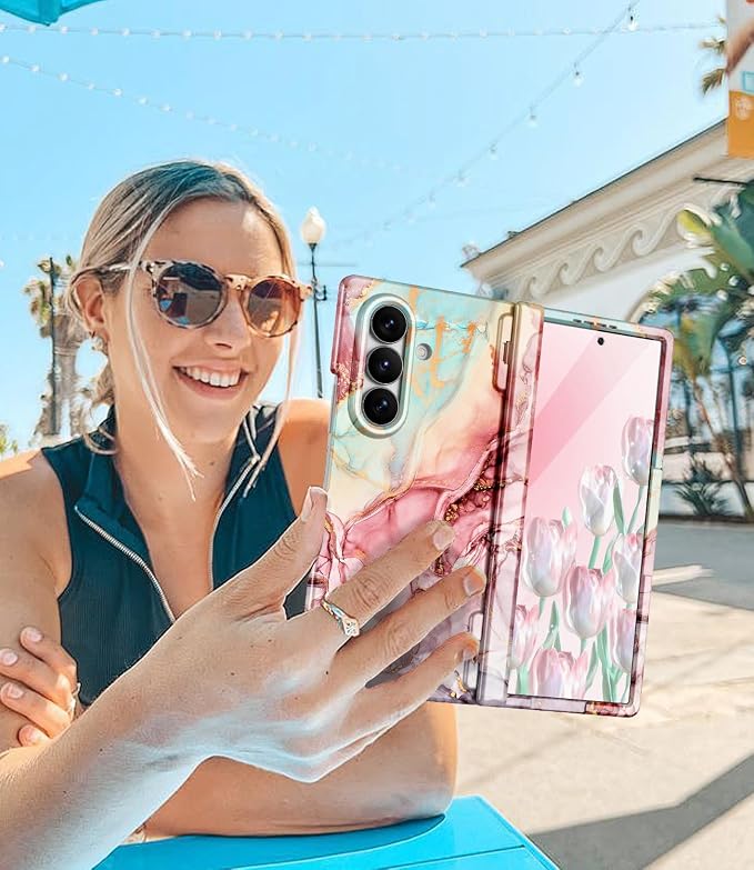 Btscase for Samsung Galaxy Z Fold 7 Case,Built in Front Screen Protector,Gold Glitter Marble Pattern Hard PC Slim Shockproof Full Body Drop Protective Case for Galaxy Z Fold 7 5G, Rose Gold