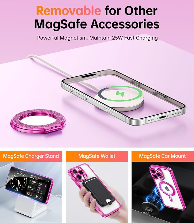Meifigno Magnetic Case with Removable Phone Ring Stand for iPhone 16 Pro Max 6.9’’, [Glitter Card & Wrist Strap] [MagSafe Compatible] [Built in Mirror] Phone Ring Stand + Phone Case Kit, Hot Pink