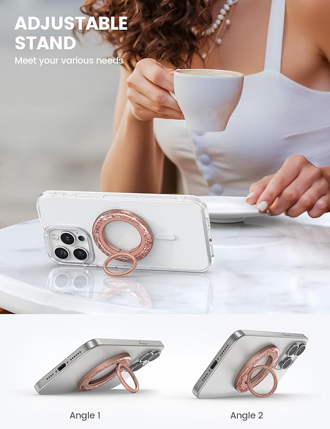 Lamicall Magnetic Twinkle Ring for MagSafe Grip - Stylish Glitter Gift for Women Grils, Magnet Phone Ring Finger Holder Stand, Gear Hinge Mag Safe Accessories for iPhone 17 16 Pro Max, Rose Gold