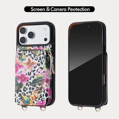 ZVE Wallet Case for iPhone 17 Pro Max with Crossbody Strap, Leather Zipper Handbag Purse Cover for Women 6.9" Leopard