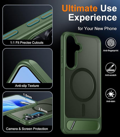 Magnetic for Samsung Galaxy S25 Plus Case, [Innovate Stand][Military Grade Drop Protection][Non Slip][Translucent Matte] Shockproof Phone Case for Galaxy S25 Plus 6.7" 2025 -DarkGreen