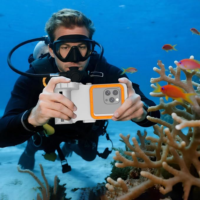 Universal Underwater Phone Diving Case with Bluetooth Controller, IP68 50FT Waterproof for iPhone 17 (Standard Only), iPhone 16/15/14/13/12/11 & Galaxy S24/S23/S22, Grey+Orange