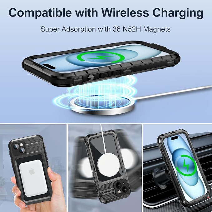 WIFORT for iPhone 15 Waterproof Case - Metal Full Body Protection Case Built-in [Screen Protector][IP68 Water Proof][14FT Military Grade Dropproof][Compatible with MagSafe] Phone Cover, 6.1" Black