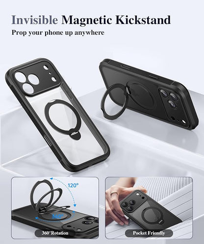 BERFY for iPhone 17 Pro Case, Compatible with MagSafe, Built in Privacy Screen Protector, Shockproof Full Body Phone Case for 17 Pro with Magnetic Stand, Clear Black