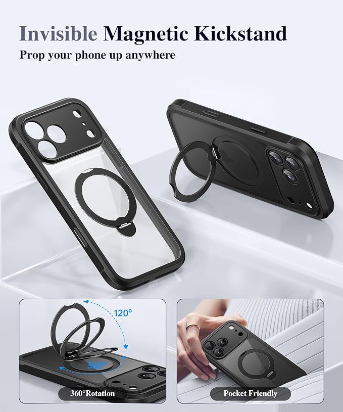 BERFY for iPhone 17 Pro Max Case, Compatible with MagSafe, Built in Privacy Screen Protector, Shockproof Full Body Phone Case for 17 Pro Max with Magnetic Stand, Clear Black
