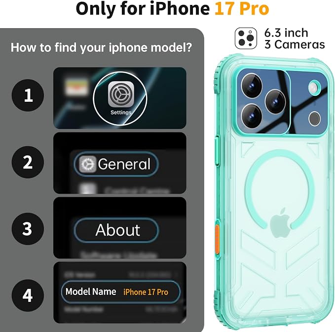 for iPhone 17 Pro Waterproof Case, Fit for Magsafe, IP68 Full Body Shockproof Dustproof, Built-in Camera Control and Screen Protector, 15FT Heavy Duty Military, 6.3" Cyan