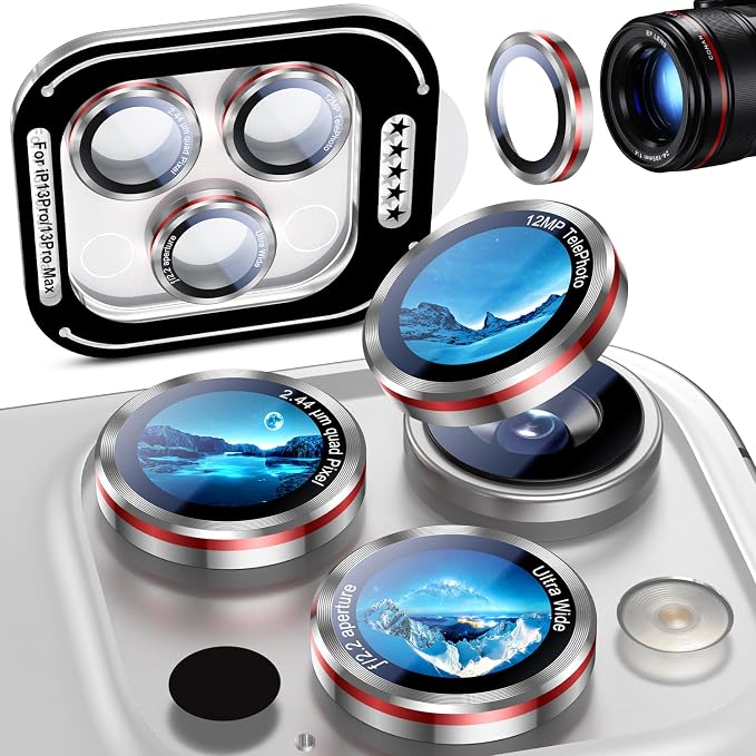 Uyiton for iPhone 13 Pro Max/13 Pro Camera Lens Protector - [2025 Design] Military-Grade Tempered Glass Metal Camera Cover, Outdoor/Travel/Daily Use, Silver+Red