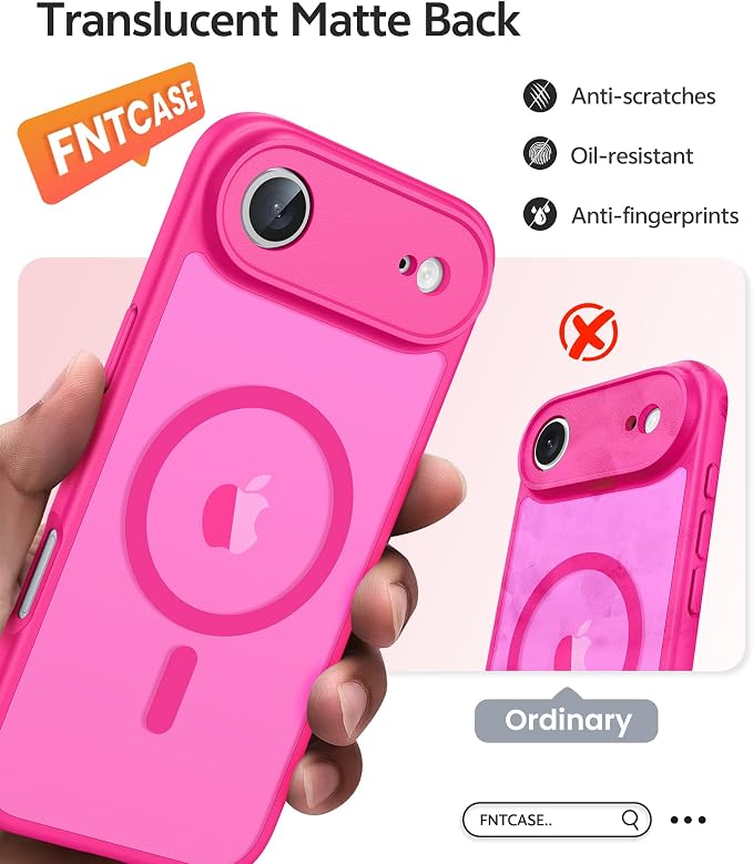 FNTCASE for iPhone Air Case: [Compatible with Magsafe] Translucent Matte Cases with [Full Camera Protection] [Screen Protector] Military Grade Shockproof Protective Phone Cover - Hot Pink