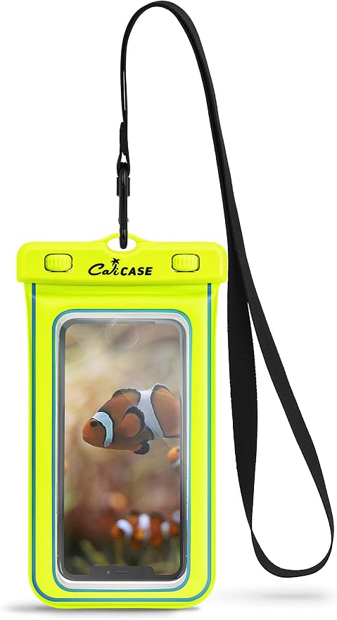 CaliCase Universal Waterproof Floating Phone Pouch - Premium IPX8 Waterproof Floating Phone Case with Lanyard for iPhone and Android - Yellow Glow in Dark