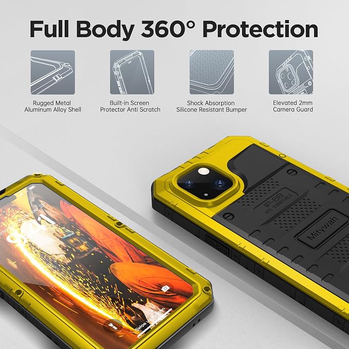 Mitywah Waterproof Case for iPhone 14 Plus, Heavy Duty Shockproof Case with Built-in Screen Protector, Full Body Underwater Protective Metal Case 6.7 inch, Yellow