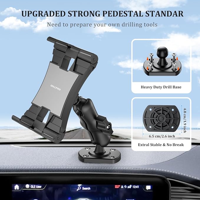 OHLPRO Tablet Holder for Car & Truck Dashboard Heavy Duty iPad Mount with Upgrade Double Spring Clamp & Drill Base 360° Rotating Arm for 5"-13" Tablets & Phones Kindle, Fit for Vehiclesa, Wall, Desk