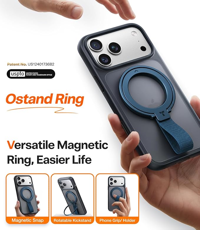 TORRAS 2025 Upgrade (Gen 6.0) Magnetic Phone Grip Holder Kickstand with Braided Strap, Fit for MagSafe Ring Removable, for iPhone 17 16,15, 14, 13 12 Samsung Galaxy, Google, Ostand Ring, Navy Blue