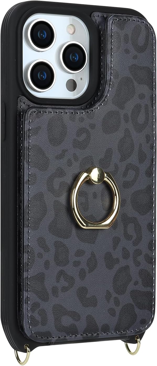 Lipvina for iPhone 12/12 Pro Case with Card Holder and Strap for Women,Crossbody Lanyard,RFID Blocking,Kickstand Ring Stand,Snap Clasp,Cute Phone Wallet Cases 6.1 inch(Black Leopard)