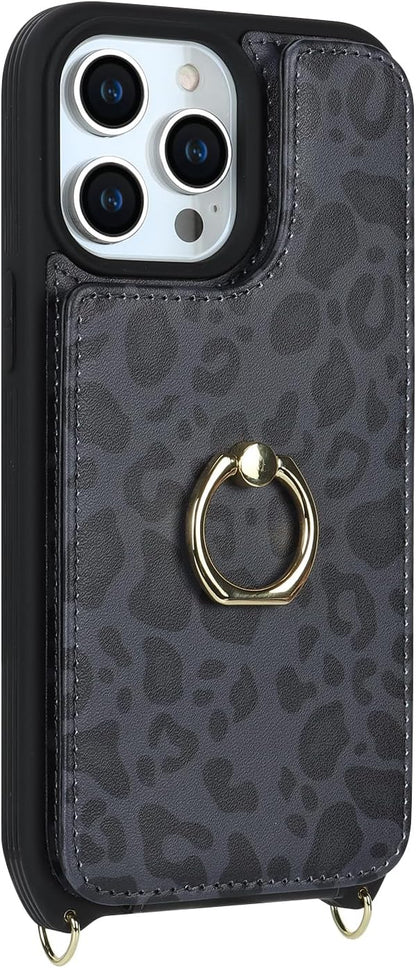 Lipvina for iPhone 12/12 Pro Case with Card Holder and Strap for Women,Crossbody Lanyard,RFID Blocking,Kickstand Ring Stand,Snap Clasp,Cute Phone Wallet Cases 6.1 inch(Black Leopard)