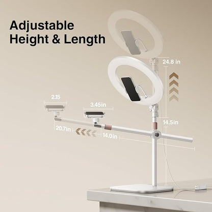 Overhead-Phone-Mount,Stable Overhead-Camera-Mount-Stand [Anti-Shaking] with 10.5" Ring Light, Flexible Desk-Stand for iPhone with Ring-Light for Video-Recording,Zoom Meeting,YouTube,TikTok, White