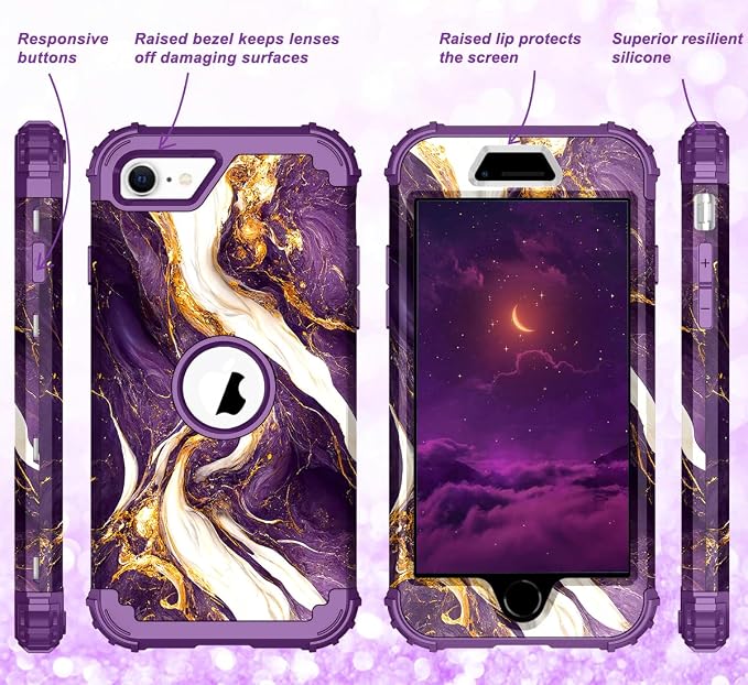 Hocase for iPhone SE 2022/2020 Case, Heavy Duty Shockproof Protection Hard Plastic+Silicone Rubber Hybrid Protective Case for iPhone SE 3rd/2nd Generation (4.7") - Midnight Purple