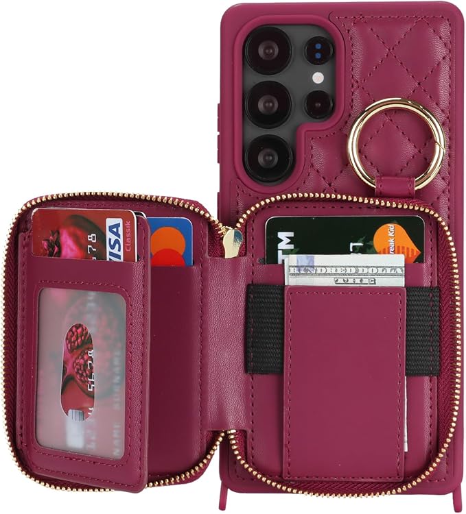 Crossbody Wallet Case for Galaxy S25 Ultra, PU Leather Zipper Handbag Purse Flip Cover, Kickstand Folio Case with Card Slots Holder Wrist Strap Lanyard -Dark red