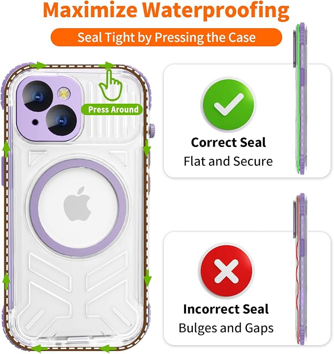 for iPhone 15 Waterproof Case Compatible with MagSafe, Translucent Slim IP68 Underwater Built-in Screen Protector, 12FT Military Grade, 360 Full Body Protective Cover 6.1 inch (Purple)