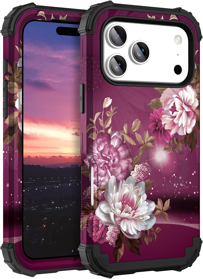 Hocase for iPhone 17 Pro Case 6.3", Heavy Duty Shockproof Protection Soft Silicone Rubber+Hard Plastic Bumpers Hybrid Protective Case for iPhone 17 Pro 2025 - Royal Purple Flowers