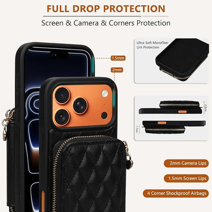 Keallce Case for iPhone 17 Pro Max 6.9'' Wallet Case, Crossbody Zipper Purse with RFID Blocking Card Slots Kickstand, Lanyard & Handstrap Flip Leather Cover for iPhone 17 Pro Max, Black