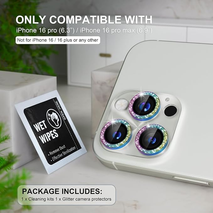 Choiche Compatible for iPhone 16 Pro/iPhone 16 Pro Max Camera Lens Protector, Bling Camera Cover with 9H Tempered Glass Lens Screen Protector Metal Ring Decoration Accessories (Clear-Colorful)