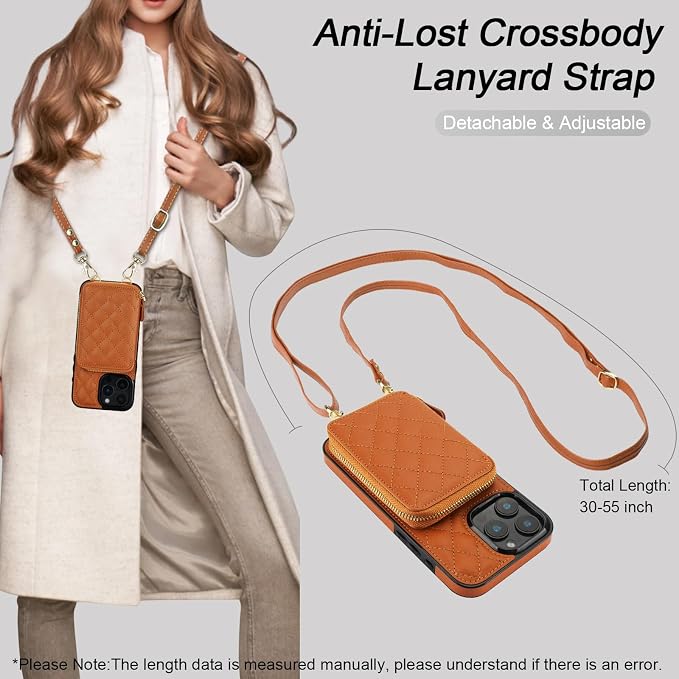 Bocasal Crossbody Wallet Case for iPhone 16 Pro Max, RFID Blocking PU Leather Zipper Handbag Purse Flip Cover, Kickstand Folio Case with Card Slots Holder Wrist Strap Lanyard 5G 6.9 Inch (Brown)