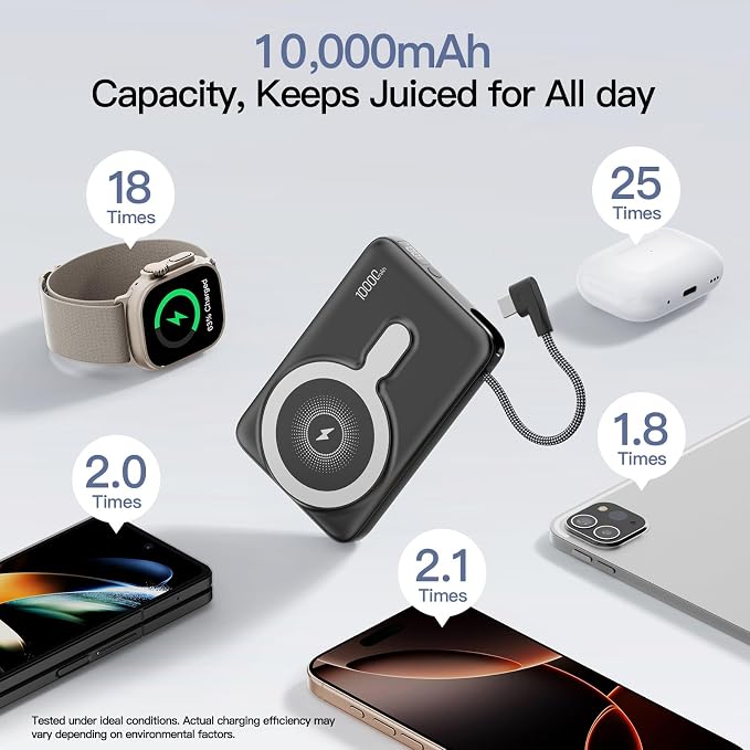 2026 Updated M3 Ultra Slim 0.4'' Wireless Power Bank, 10000mAh Magnetic Portable Charger with Built in Cable and Strap, LED Battery Pack Travel Essentials for iPhone 17/16/15/14/13/12/Pro Max Andriod