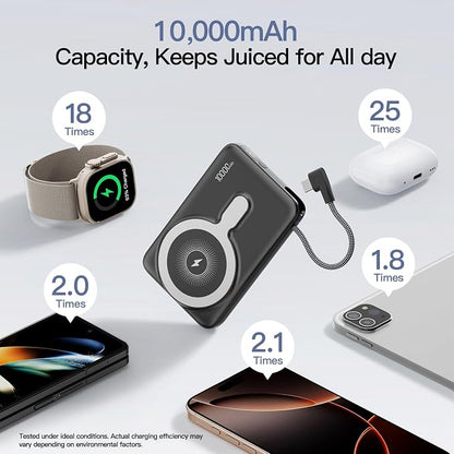 2026 Updated M3 Ultra Slim 0.4'' Wireless Power Bank, 10000mAh Magnetic Portable Charger with Built in Cable and Strap, LED Battery Pack Travel Essentials for iPhone 17/16/15/14/13/12/Pro Max Andriod