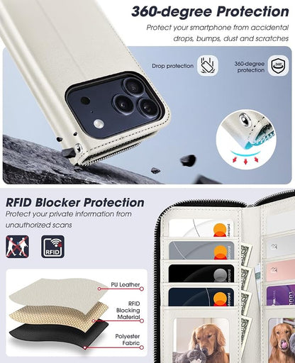 OCASE for iPhone 17 Pro Max Crossbody Detachable Wallet Case, PU Leather Handbag Phone Purse with Zipper Closure, Card Slots & RFID Blocking, Wrist Strap, Lanyard, Kickstand, Cream