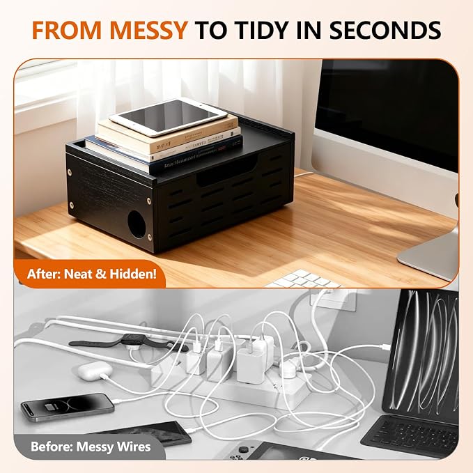 Wooden Cable Management Box – Sleek Cord Organizer & Power Strip Organzer Box Large Wire Hider for Power Strips, Chargers and Desk Cables – Floor Cord Covers Neat Storage for, Routers and USB Hubs
