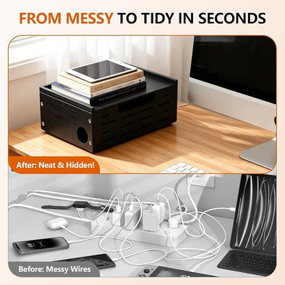 Wooden Cable Management Box – Sleek Cord Organizer & Power Strip Organzer Box Large Wire Hider for Power Strips, Chargers and Desk Cables – Floor Cord Covers Neat Storage for, Routers and USB Hubs