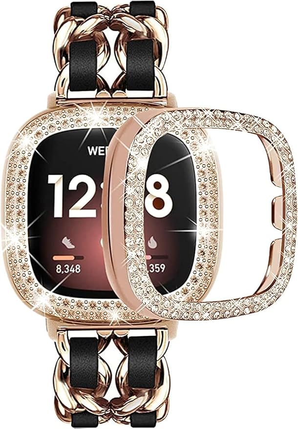 Stainless Steel Bands Compatible for Fitbit Versa 4/Fitbit Sense 2 Smartwatch With Bling Case Cover,Chic Leather Metal Wristband Accessories Strap for Women Bracelet (Rose Gold, Versa 3/Sense)