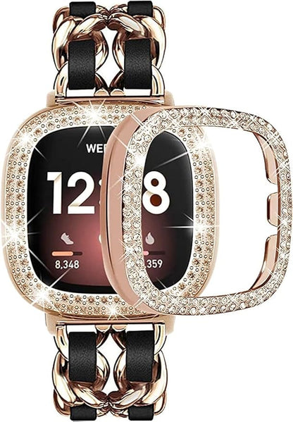 Stainless Steel Bands Compatible for Fitbit Versa 4/Fitbit Sense 2 Smartwatch With Bling Case Cover,Chic Leather Metal Wristband Accessories Strap for Women Bracelet (Rose Gold, Versa 3/Sense)
