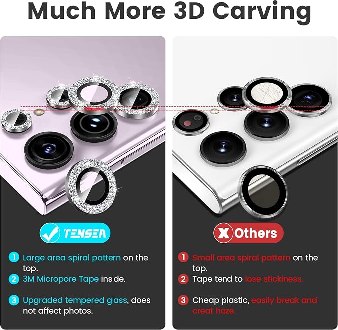 Tensea (3+2PCS for Samsung Galaxy S23 Ultra 5G Camera Lens Protector, 9H Tempered Glass Camera Cover Screen Protector Metal Individual Ring [Installation Tray][Removal tool][Case Friendly]- Glitter