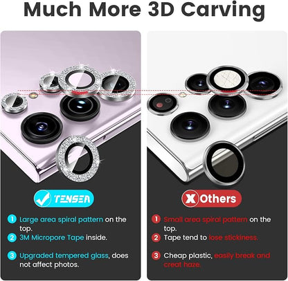 Tensea (3+2PCS for Samsung Galaxy S23 Ultra 5G Camera Lens Protector, 9H Tempered Glass Camera Cover Screen Protector Metal Individual Ring [Installation Tray][Removal tool][Case Friendly]- Glitter