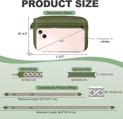 YFWE Clip and Go Strap for Phone with Wallet Crossbody, Adjustable Phone Lanyard with Detachable RFID Wristlet Wallet, Pattern Strap - Olive Green(M)
