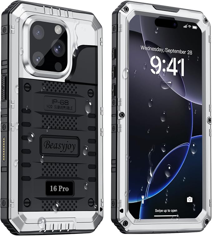 Beasyjoy for iPhone 16 Pro Case Waterproof, Metal Heavy Duty Full Body Protective Case with Built-in Screen Protector, Military Grade Shockproof Dustproof Defender Cover for iPhone 16 Pro 6.3", Silver