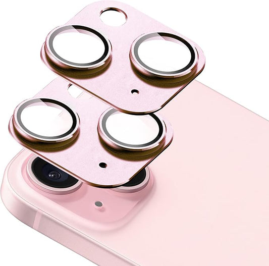 2-Pack Shatterproof Camera Lens Protector for iPhone 15/15 Plus |AR Tempered Glass Strong Adsorption Metal Camera Cover Screen(Pink)