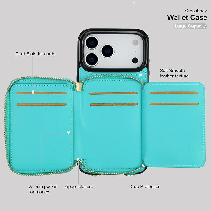 Bocasal Crossbody Wallet Case for iPhone 17 Pro Max, RFID Blocking PU Leather Zipper Handbag Purse Flip Cover, Kickstand Folio Case with Card Slots Holder Wrist Strap Lanyard 5G 6.9 Inch (Mint Green)