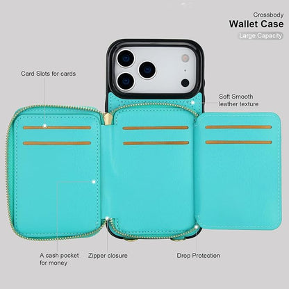 Bocasal Crossbody Wallet Case for iPhone 17 Pro Max, RFID Blocking PU Leather Zipper Handbag Purse Flip Cover, Kickstand Folio Case with Card Slots Holder Wrist Strap Lanyard 5G 6.9 Inch (Mint Green)