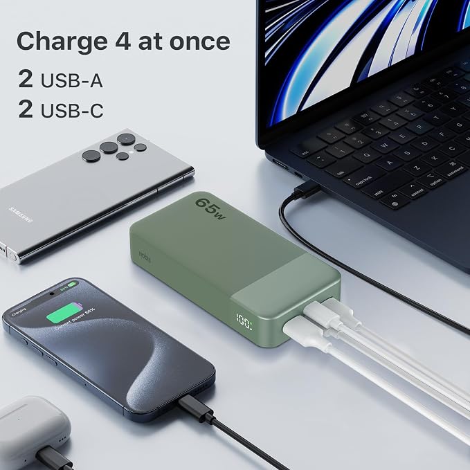NOBIS 20000mAh Battery Pack Power Bank 65W Power Bank, Portable Charger with Digital Display, Dual USB-C/USB-A Fast Charging for Laptop, Phone, Tablet, Travel-Friendly External Battery Pack
