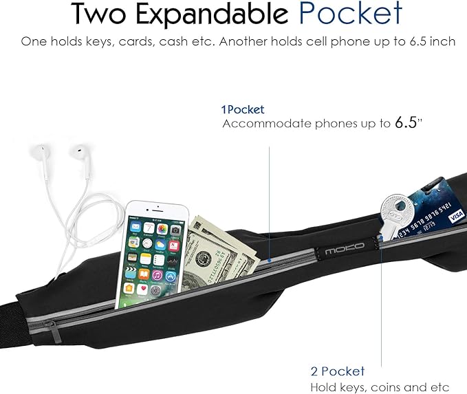 MoKo Sports Running Belt,Outdoor Dual Pouch Sweatproof Reflective Slim Waist Pack,Fitness Workout Belt Fanny Pack Compatible with iPhone 11/11 Pro Max/X/Xr/Xs Max/8/7, Galaxy Note 10/10 Plus, S20/S10