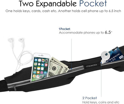 MoKo Sports Running Belt,Outdoor Dual Pouch Sweatproof Reflective Slim Waist Pack,Fitness Workout Belt Fanny Pack Compatible with iPhone 11/11 Pro Max/X/Xr/Xs Max/8/7, Galaxy Note 10/10 Plus, S20/S10